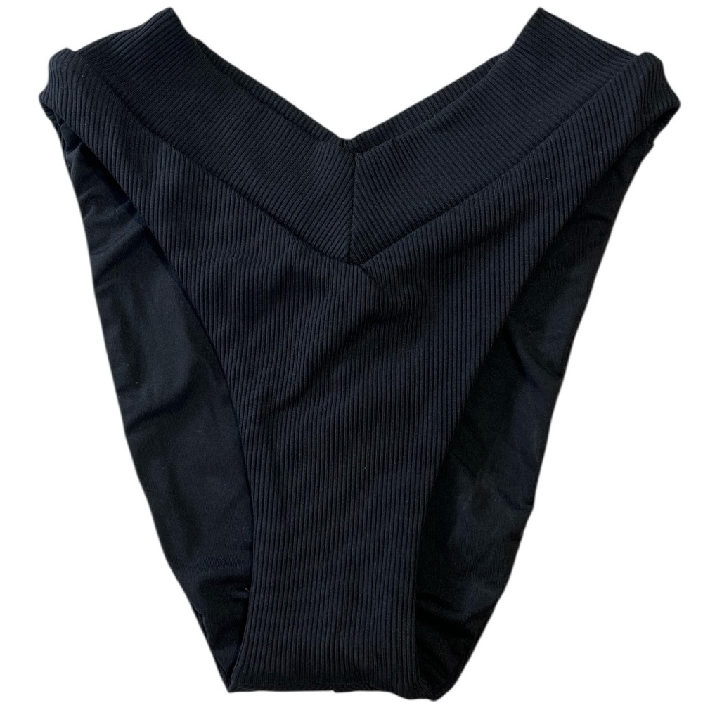 BECCA Bikini Ribbed‎ Swim Bottom High Waisted Cheeky V-Waist, Black Size XS/XP